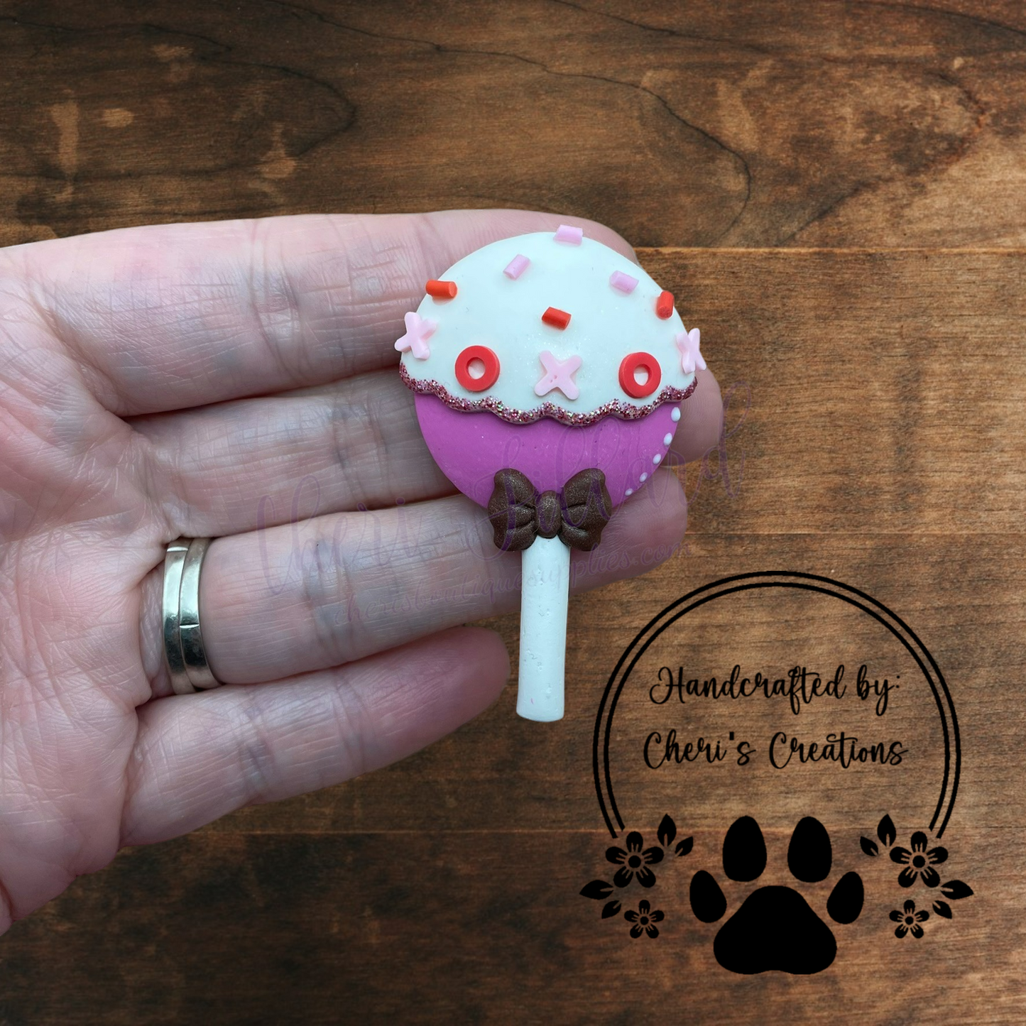 Valentine Cake Pop Bow Center – Handmade Polymer Clay Embellishment