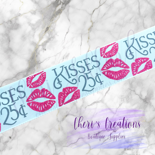 Valentine Kisses 25 cents Glitter 7/8" 1.5" Grosgrain Ribbon by the Yard