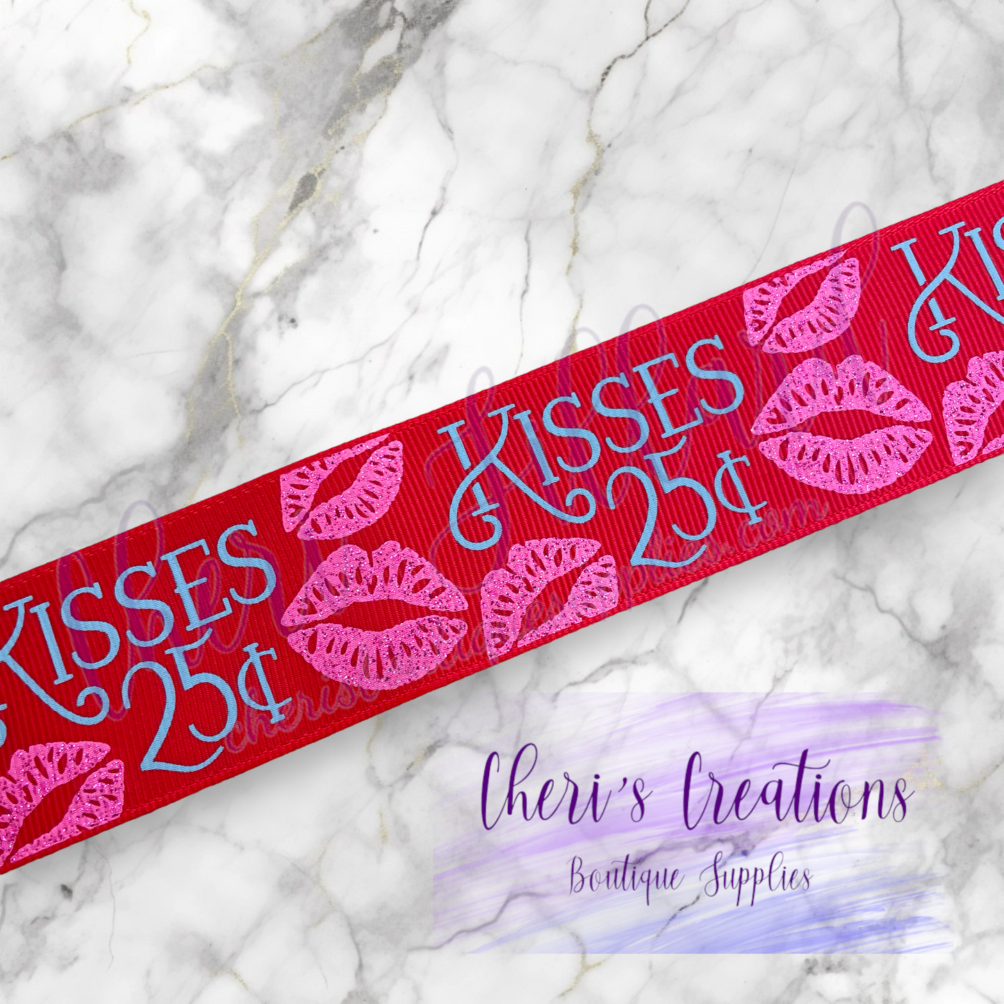 Valentine Kisses 25 cents Glitter 7/8" 1.5" Grosgrain Ribbon by the Yard