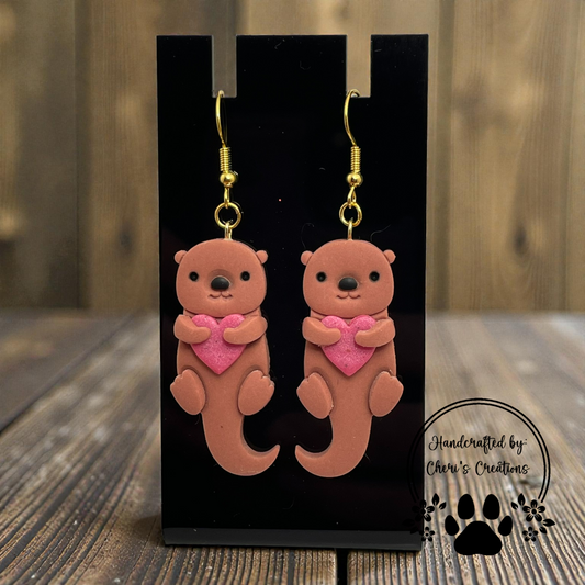 Valentine Otter Dangle Earrings – Handmade Polymer Clay Valentine Earrings
