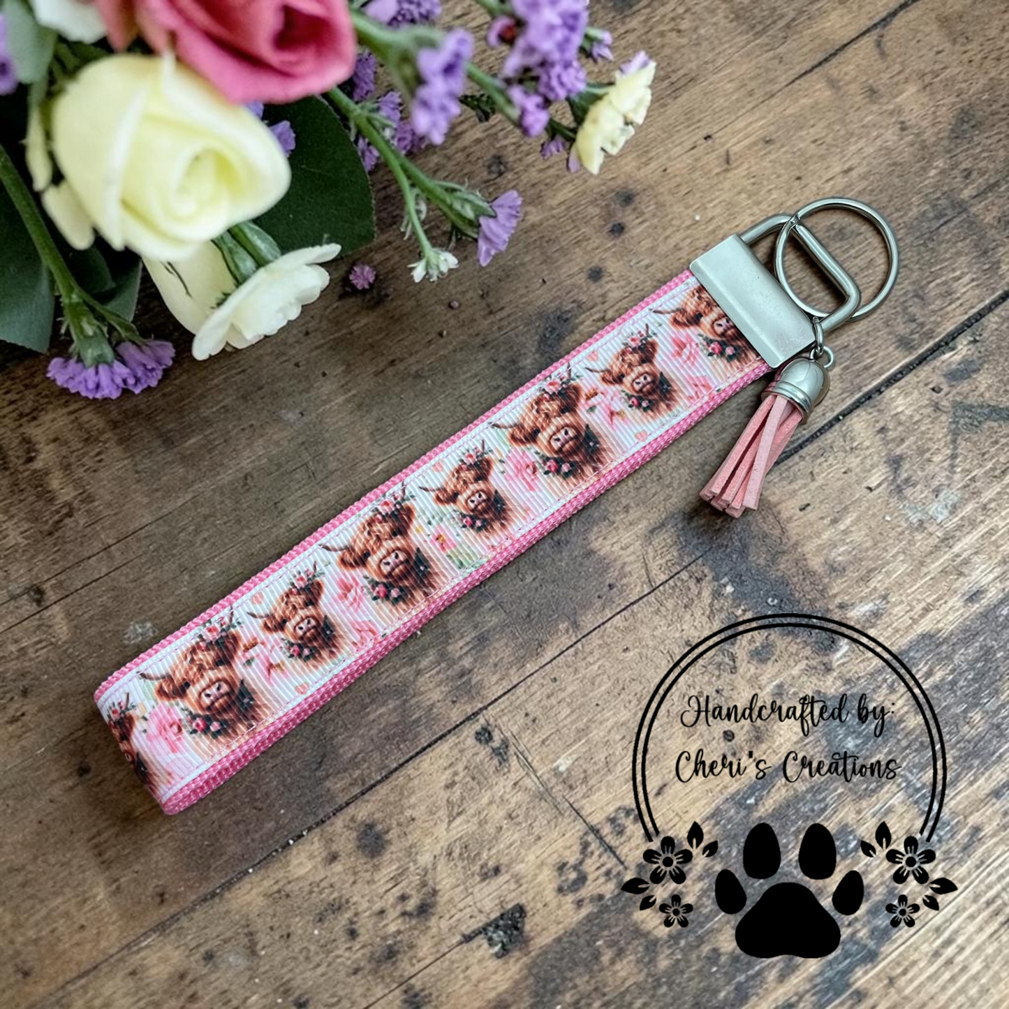 Pink Floral Highland Cows Wristlet Keychain