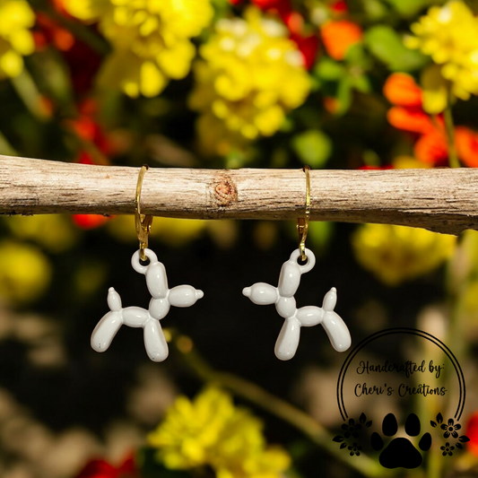 Playful White Balloon Dog Enamel Dangle Earrings