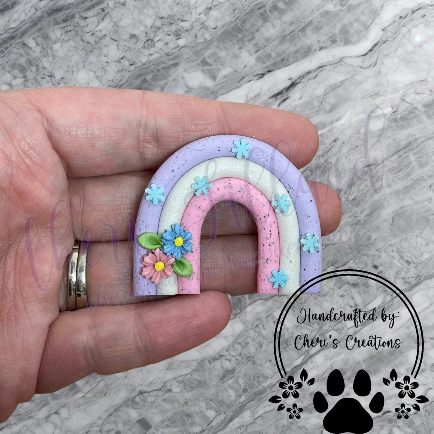 Whimsical Winter Floral Rainbow Polymer Clay Embellishment