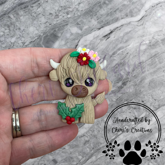 Winter Floral Shaggy Cow Polymer Clay Embellishment