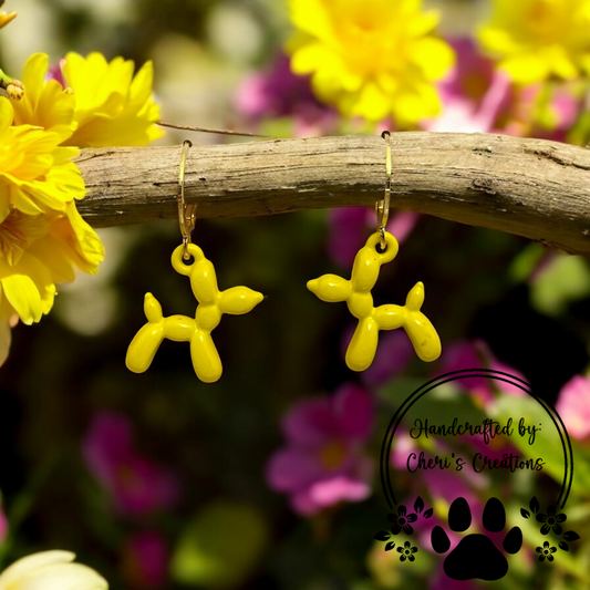 Playful Yellow Balloon Dog Enamel Dangle Earrings