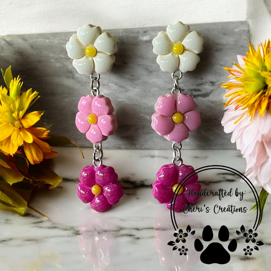 5 Petal Flowers in Shades of Pink Polymer Clay Dangle Earrings