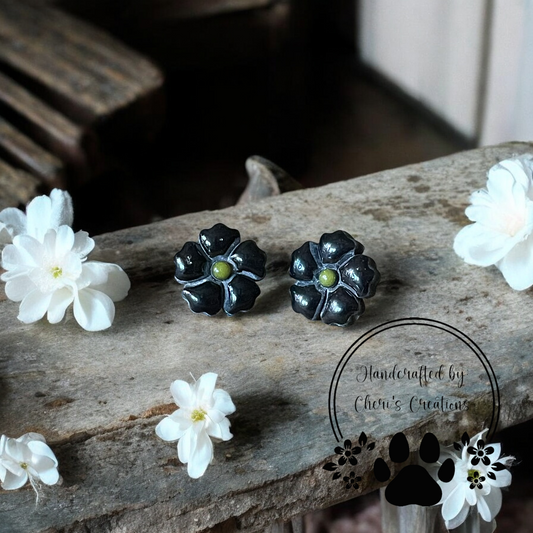 Black 5 Petal Flower Polymer Clay Stud Earrings