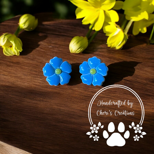 Blue 5 Petal Flower Polymer Clay Stud Earrings