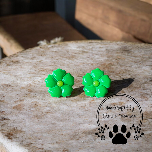 Green 5 Petal Flower Polymer Clay Stud Earrings