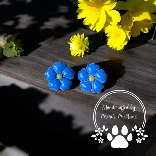 Navy Blue 5 Petal Flower Polymer Clay Stud Earrings