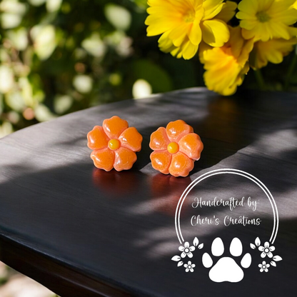 Orange 5 Petal Flower Polymer Clay Stud Earrings