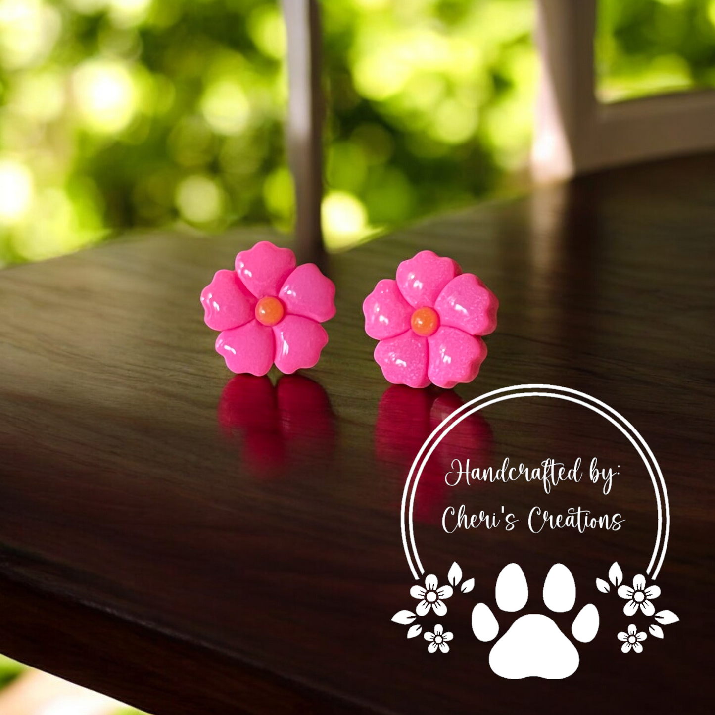 Pink 5 Petal Flower Polymer Clay Stud Earrings