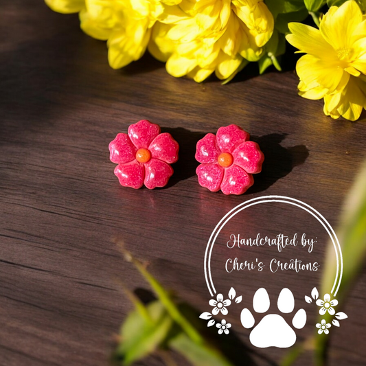 Red 5 Petal Flower Polymer Clay Stud Earrings