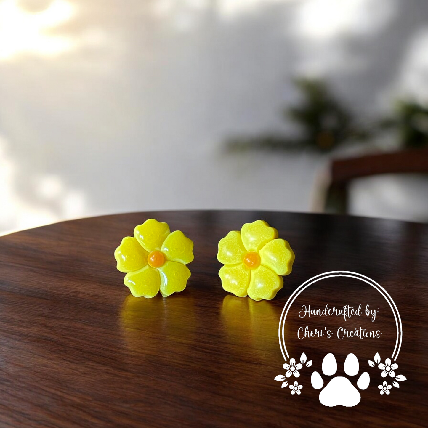 Yellow 5 Petal Flower Polymer Clay Stud Earrings