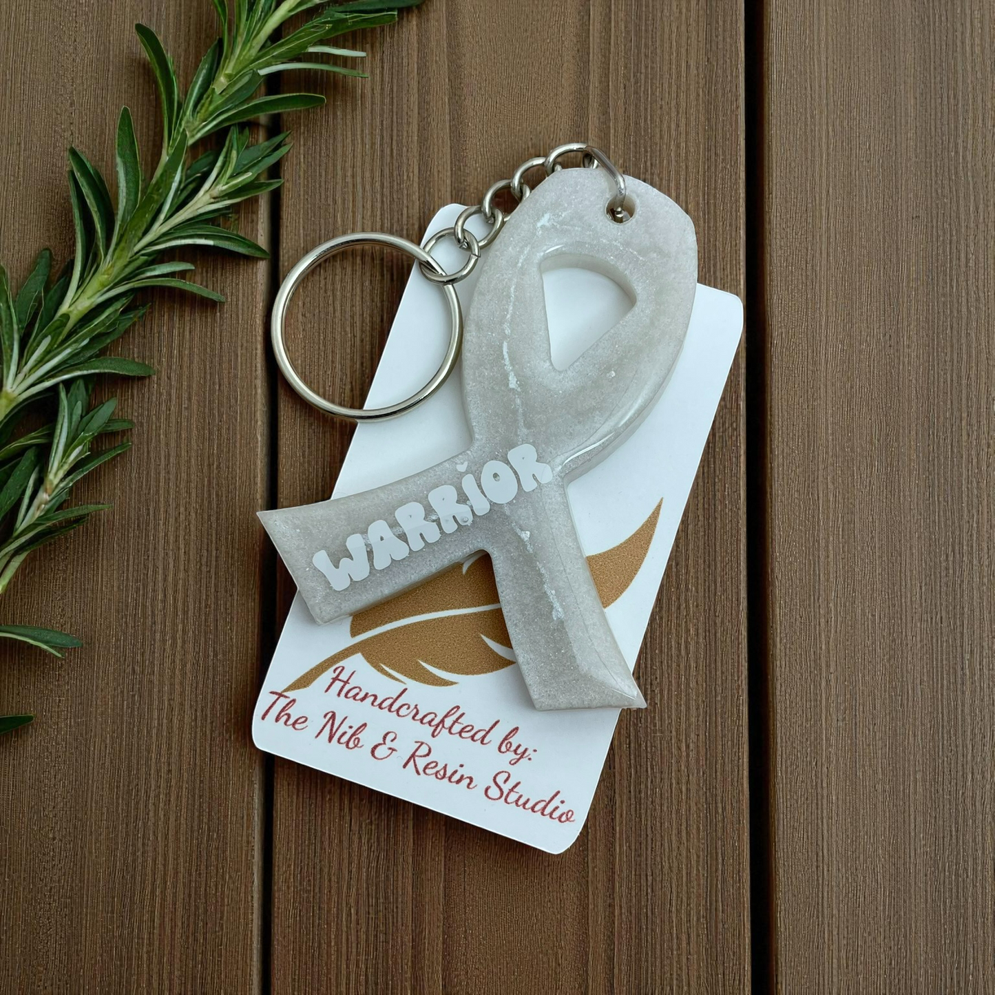 Awareness Ribbon Keychain – Silver White Resin Warrior Support Keychain