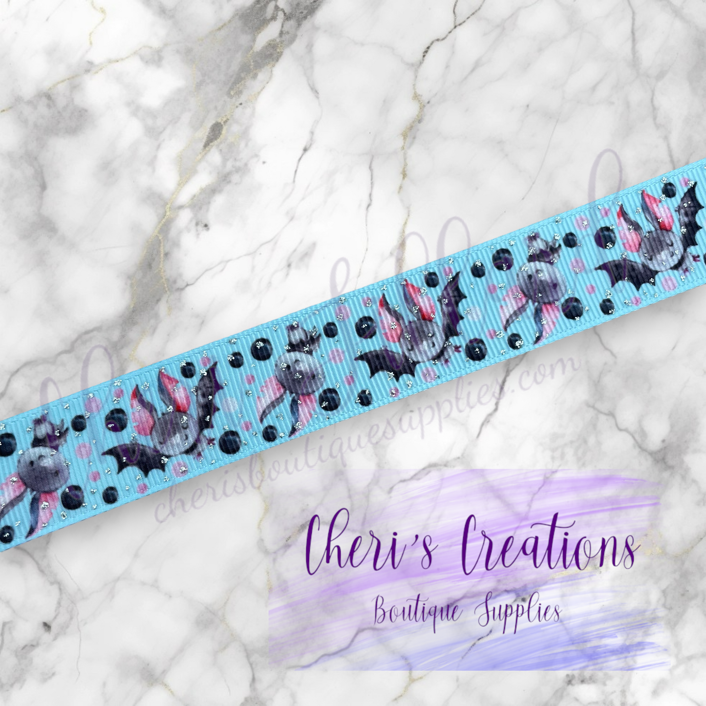 Batty for You Cute Bats on Blue 7/8" 1.5" Grosgrain Ribbon by the Yard
