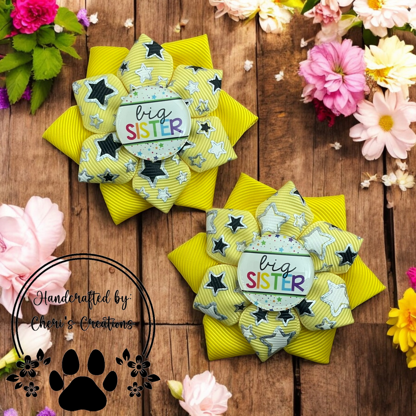 Big Sister Hair Bows – Yellow Sparkle Star Flower Bows with Alligator or Snap Clips | Handmade Sister Gift