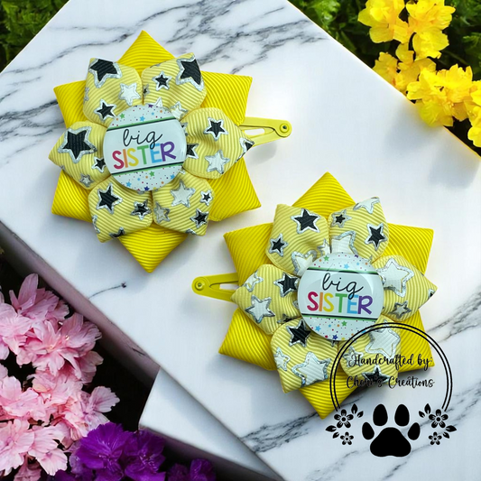 Big Sister Hair Bows – Yellow Sparkle Star Flower Bows with Alligator or Snap Clips | Handmade Sister Gift