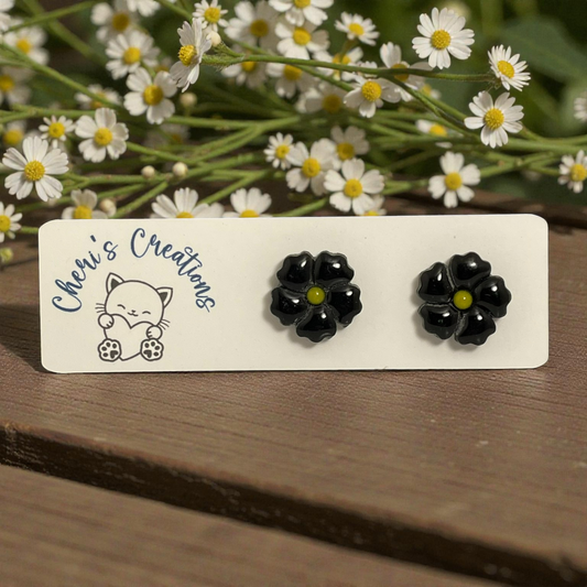 Black Flower Studs – Handmade Polymer Clay Earrings