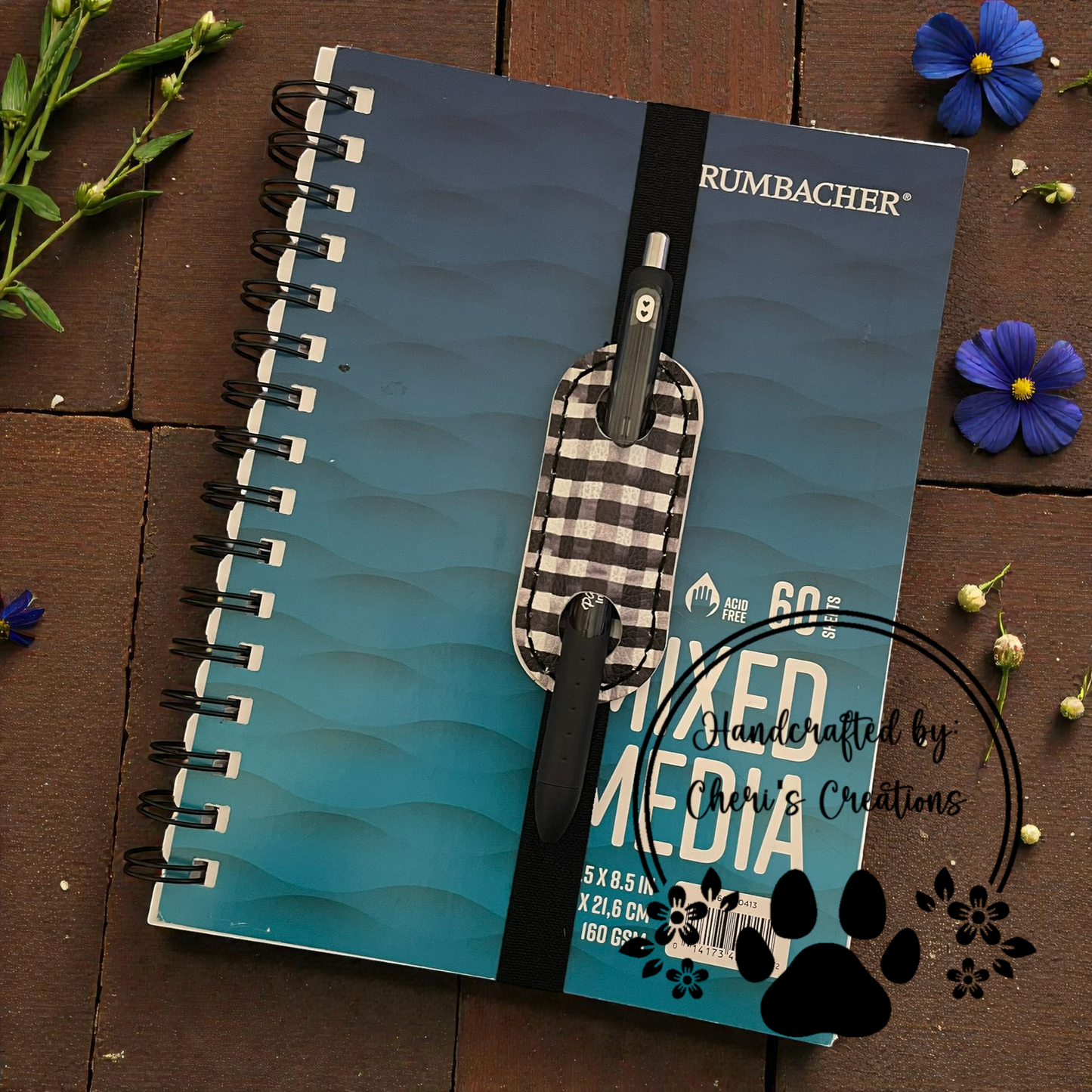 Pen Holder - Black Gingham Elastic Pen Bookmark