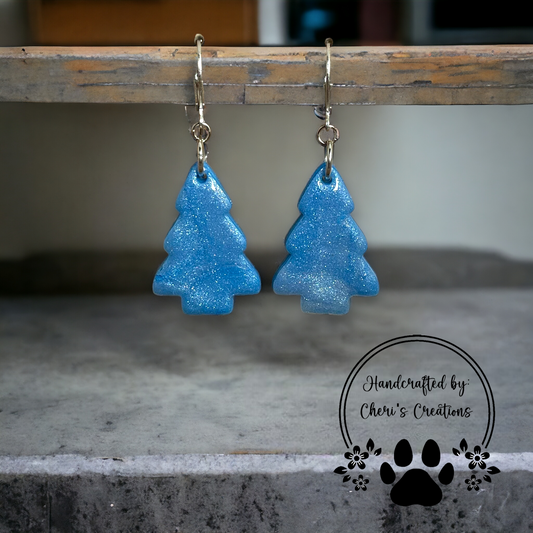 Blue Pearl Christmas Tree Polymer Clay Dangle Earrings