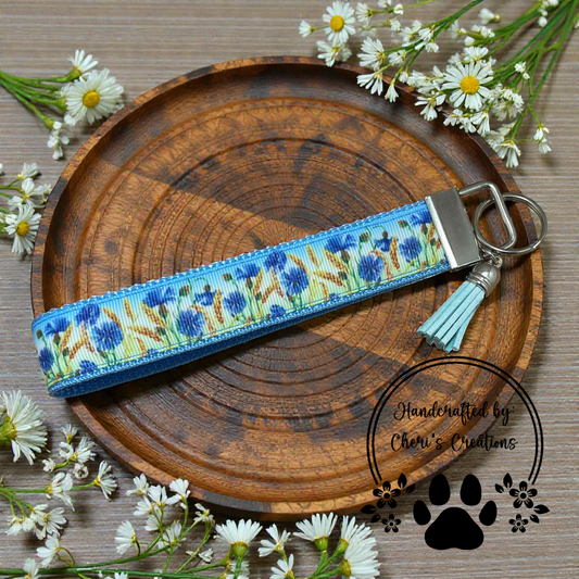 Wristlet Keychain - Blue Cornflowers Key Fob