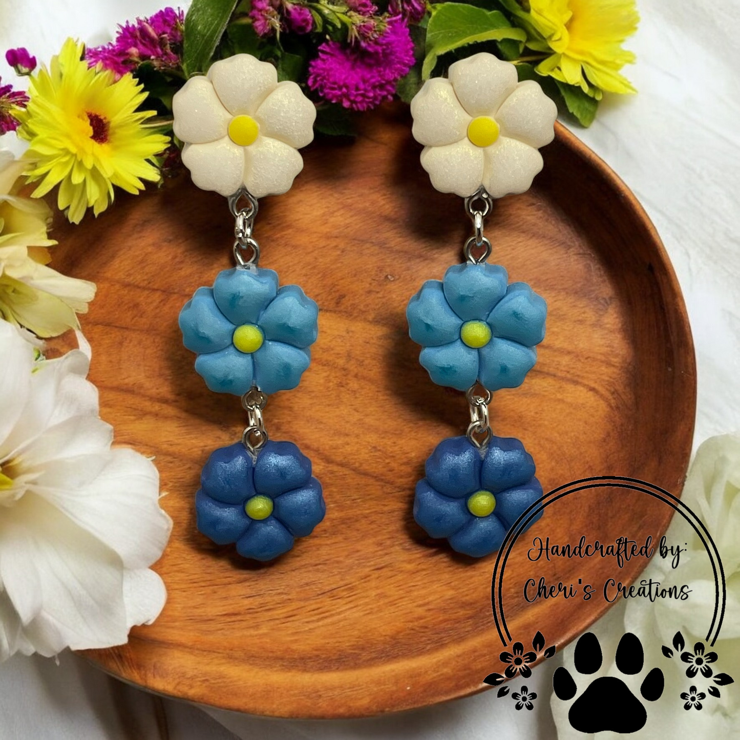 Elegant Shades of Blue Florals Polymer Clay Dangle Earrings