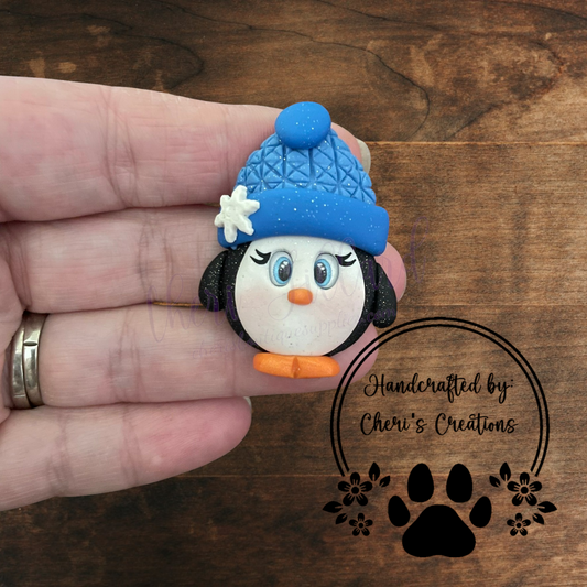Blue Hat Penguin Bow Center – Handmade Polymer Clay Embellishment