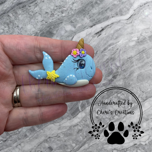 Blue Narwhal Bow Center – Handmade Polymer Clay Embellishment