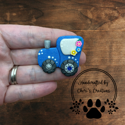 Blue Tractor Bow Center – Handmade Polymer Clay Embellishment