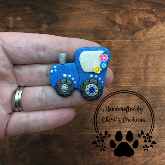 Blue Tractor Bow Center – Handmade Polymer Clay Embellishment