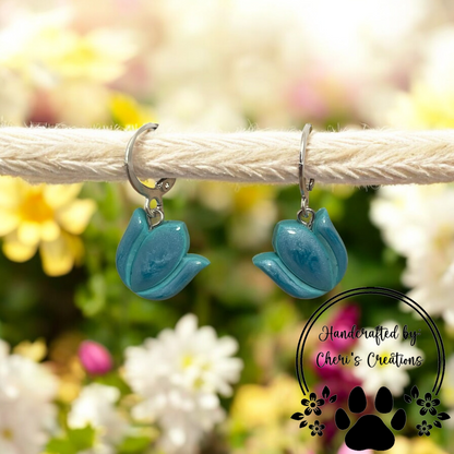 Bright Blue Spring Tulip Polymer Clay Dangle Earrings