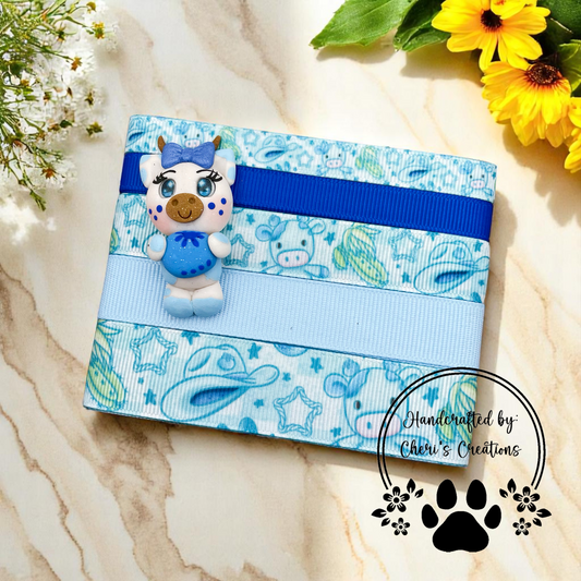 DIY Blueberry Cow Clay & Ribbon Kit – Handmade Polymer Clay Cow Centerpiece for Bow Making, Crafting & Accessories