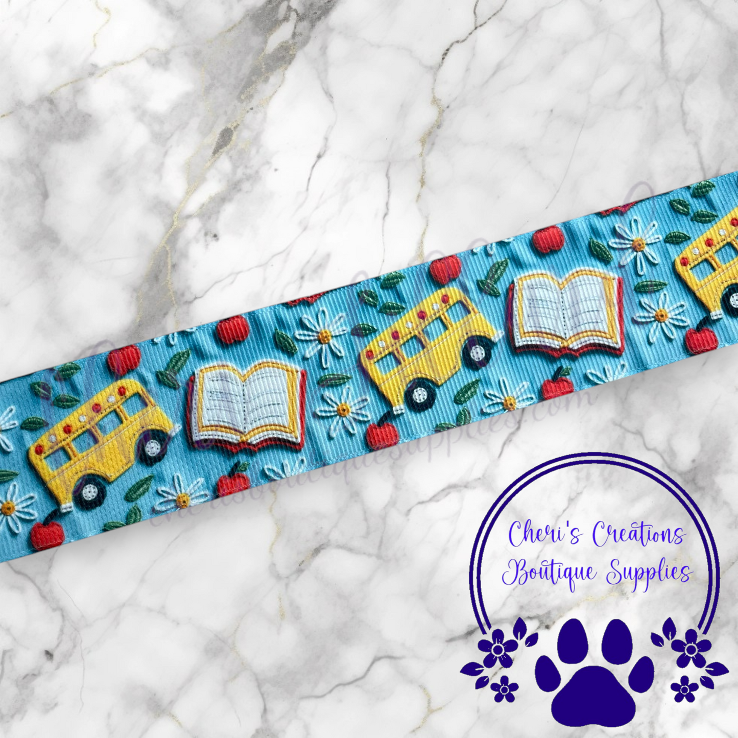 Back to School Books & Busses Ribbon - 5/8" 7/8" 1.5" Grosgrain Ribbon by the Yard