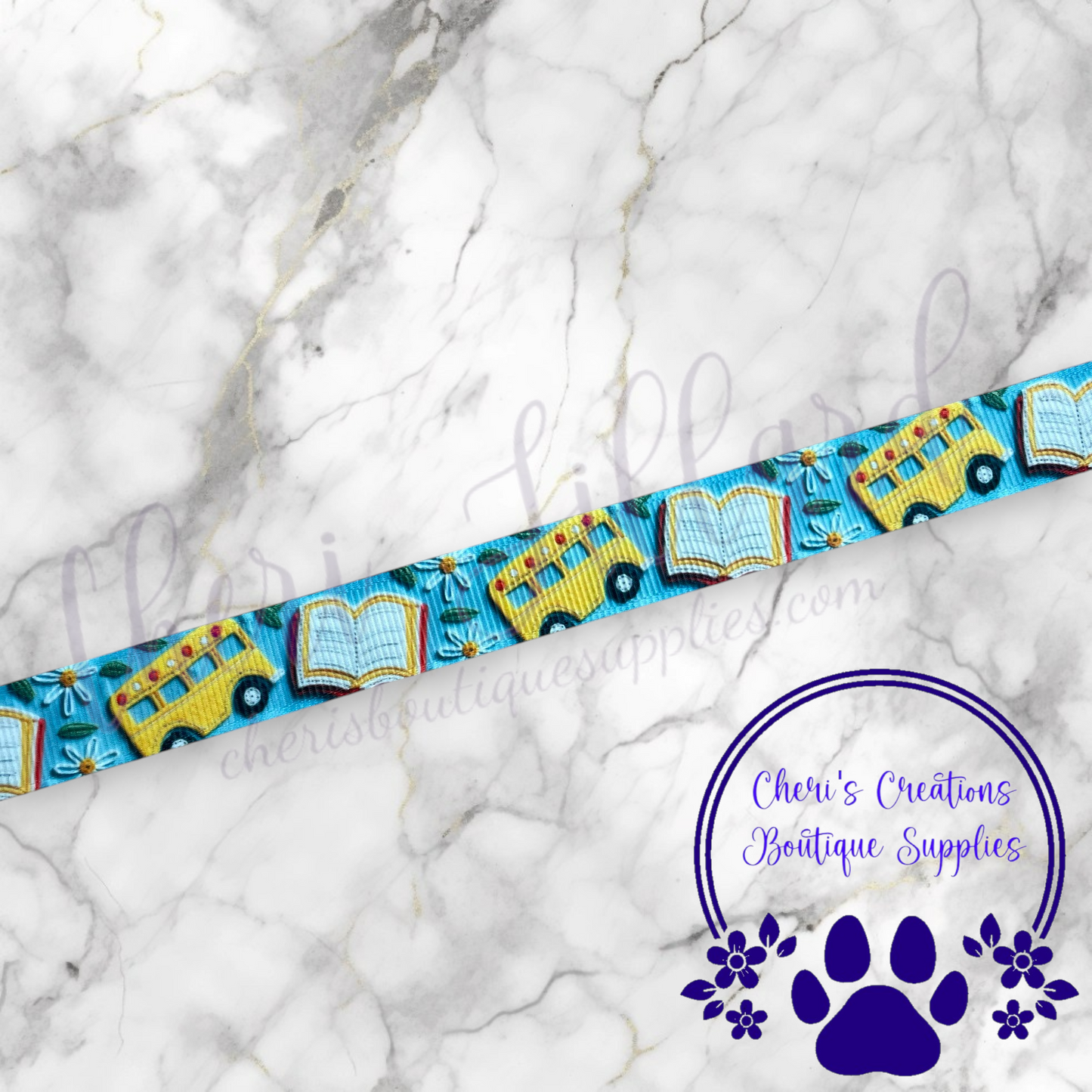 Back to School Books & Busses Ribbon - 5/8" 7/8" 1.5" Grosgrain Ribbon by the Yard