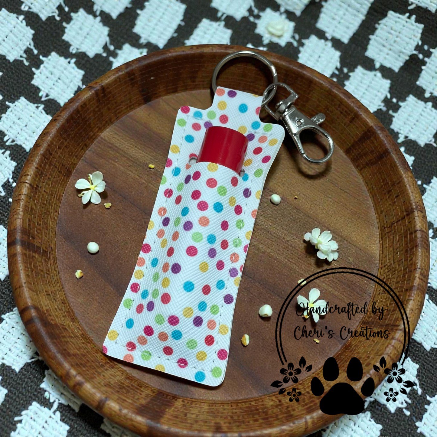 Chapstick Keychain - Bright Polka Dots Lip Balm Sleeve