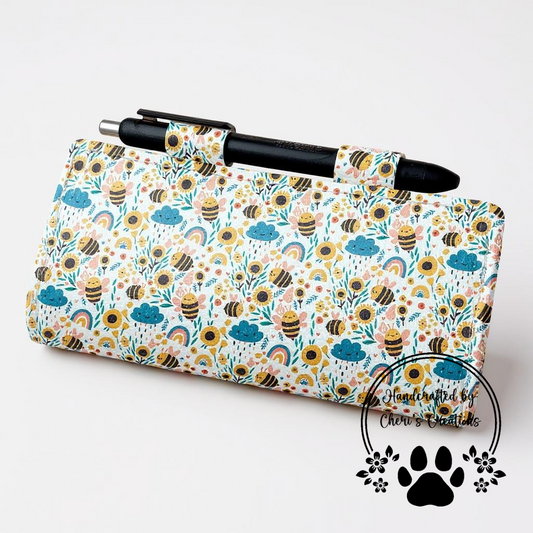 Bumblebee & Wildflower Checkbook Cover – Handmade Faux Leather Accessory