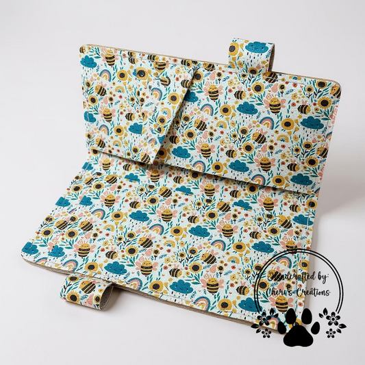 Bumblebee & Wildflower Checkbook Cover – Handmade Faux Leather Accessory