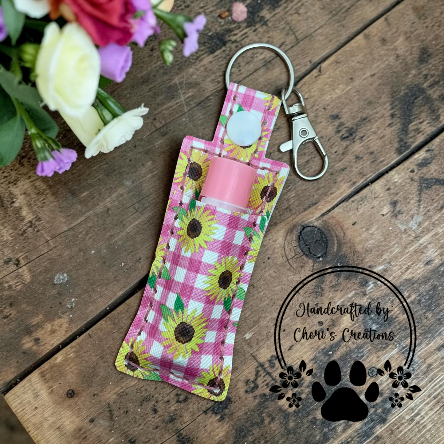 Pink Gingham Sunflowers Chapstick Holder Keychain – Lip Balm Holder
