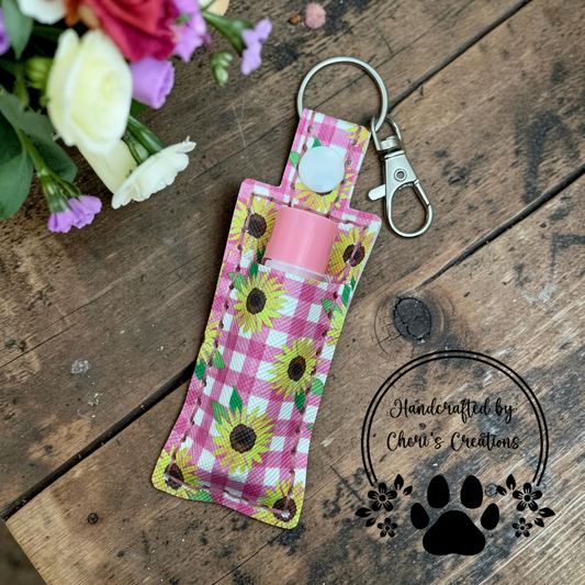 Pink Gingham Sunflowers Chapstick Holder Keychain – Lip Balm Holder