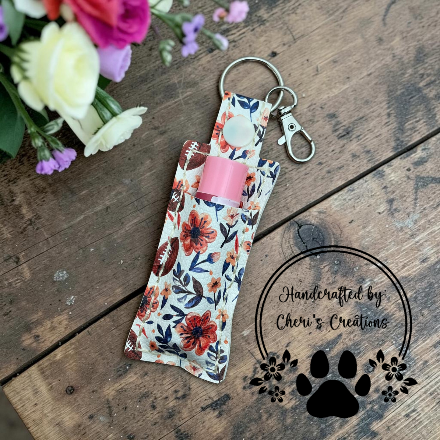 Floral Footballs Chapstick Holder Keychain – Lip Balm Holder