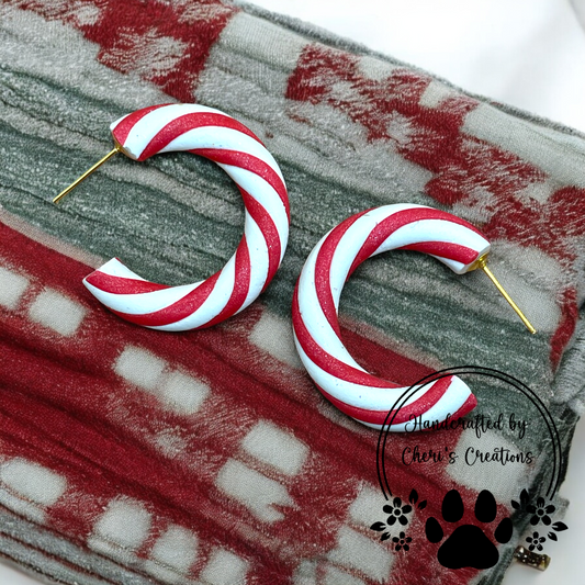 Red Candy Canes Polymer Clay Hoop Drop Earrings