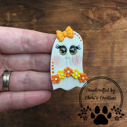 Floral Candy Corn Ghost Bow Center – Handmade Polymer Clay Embellishment