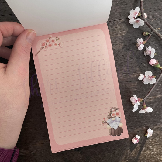 Cherry Blossom Gnomes Notepad – Spring Gnome Memo Pad