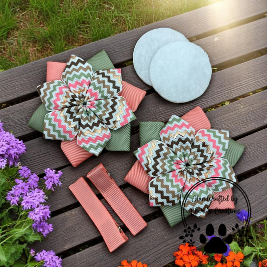 Chevron Chic DIY Flower Bow Kit – Rose Gold, Coral & Green Handmade Craft Kit for Hair Accessories