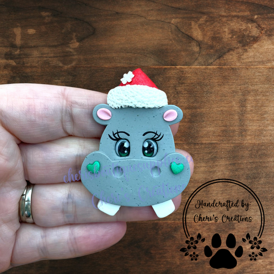 Christmas Hippo Bow Center – Handmade Polymer Clay Embellishment
