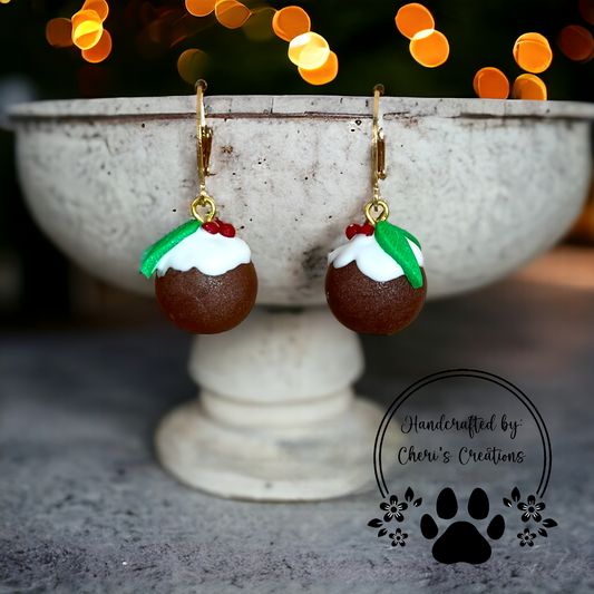 Christmas Pudding Polymer Clay Dangle Earrings