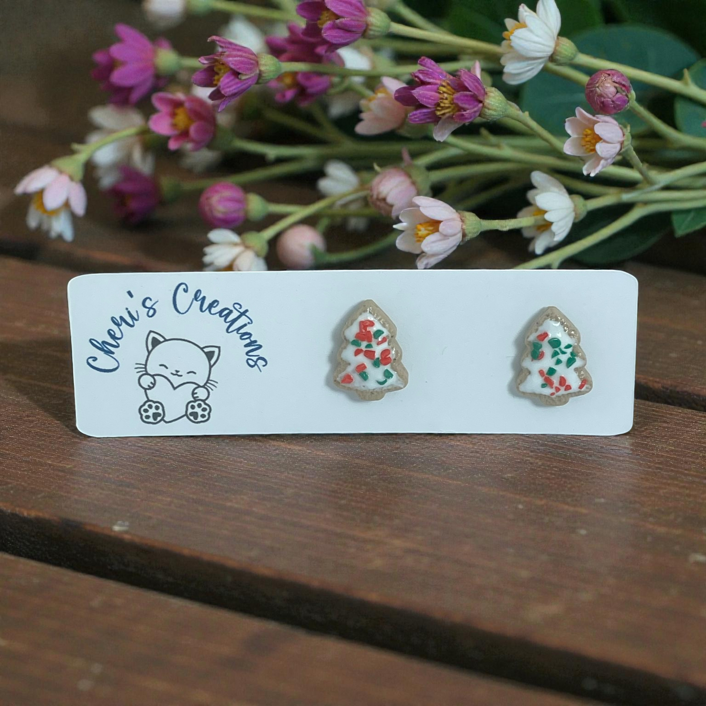 Christmas Tree Cookie Studs – Handmade Polymer Clay Earrings