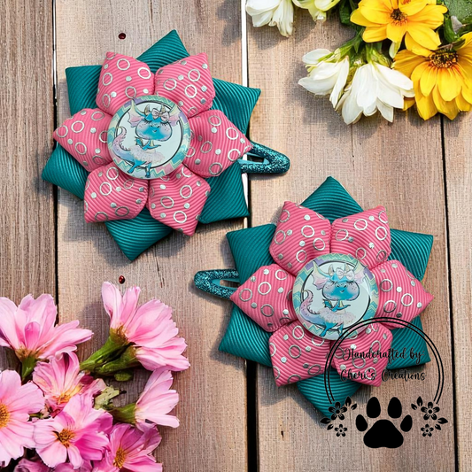Chunky Dragon Hair Bows – Pink & Jade Green Handmade Flower Bows for Kids – Snap Clip Flower Bows