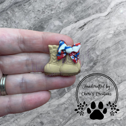 Combat Boot with Patriotic Bow – Handmade Polymer Clay Embellishment for Crafts, Bow Making & DIY Accessories